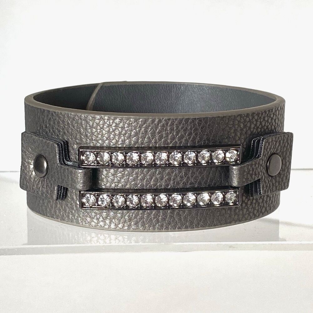 Paparazzi Street Glam Gunmetal White Rhinestone Faux Leather Wrap Bracelet